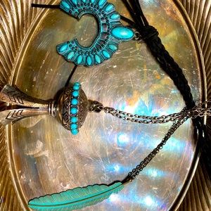 3 long necklace. Squash, feather, turquoise!